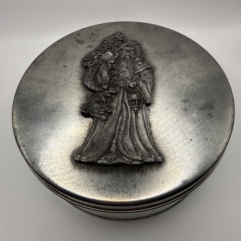 Vintage Metzke Pewter Santa‎ Father Christmas Cookie Tin Holiday Metal